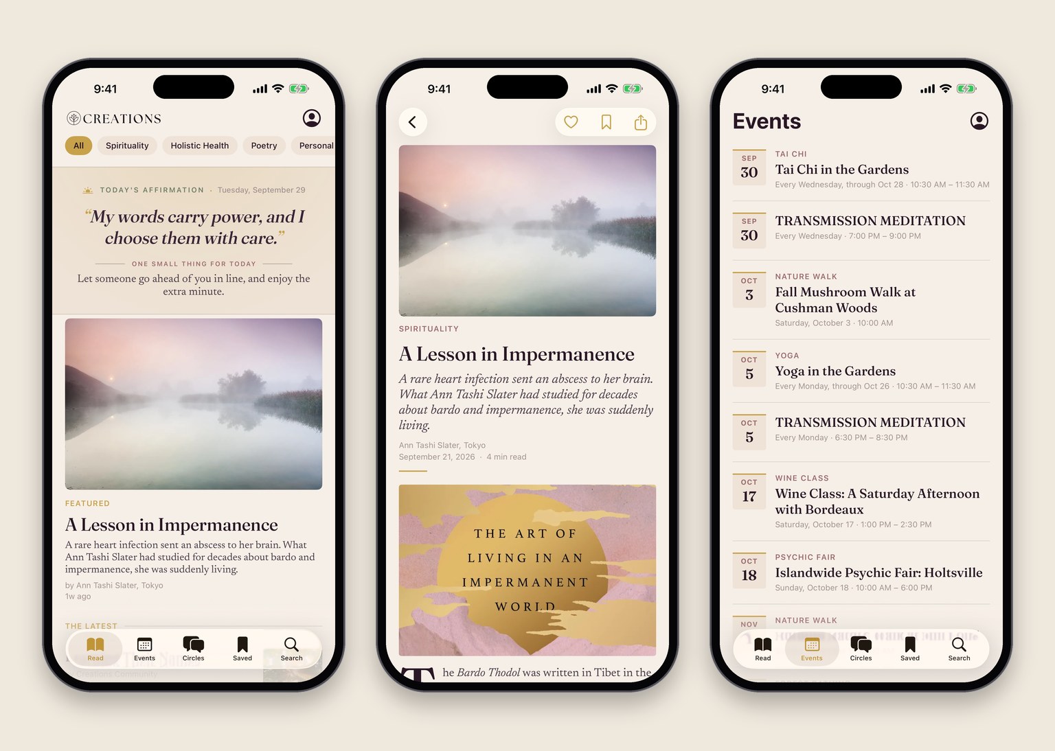 Three Creations Magazine app screens: the latest pieces with their photographs, a piece open to read, and the events calendar, all in light mode of classes and gatherings.