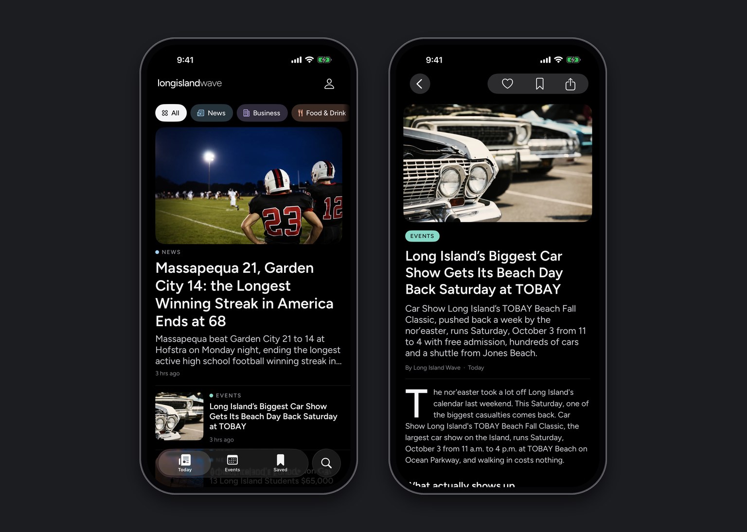 Two Long Island Wave app screens in dark mode: the Today feed with section filters and a photo-led lead story, and a story open to read with its headline, photograph and article text.