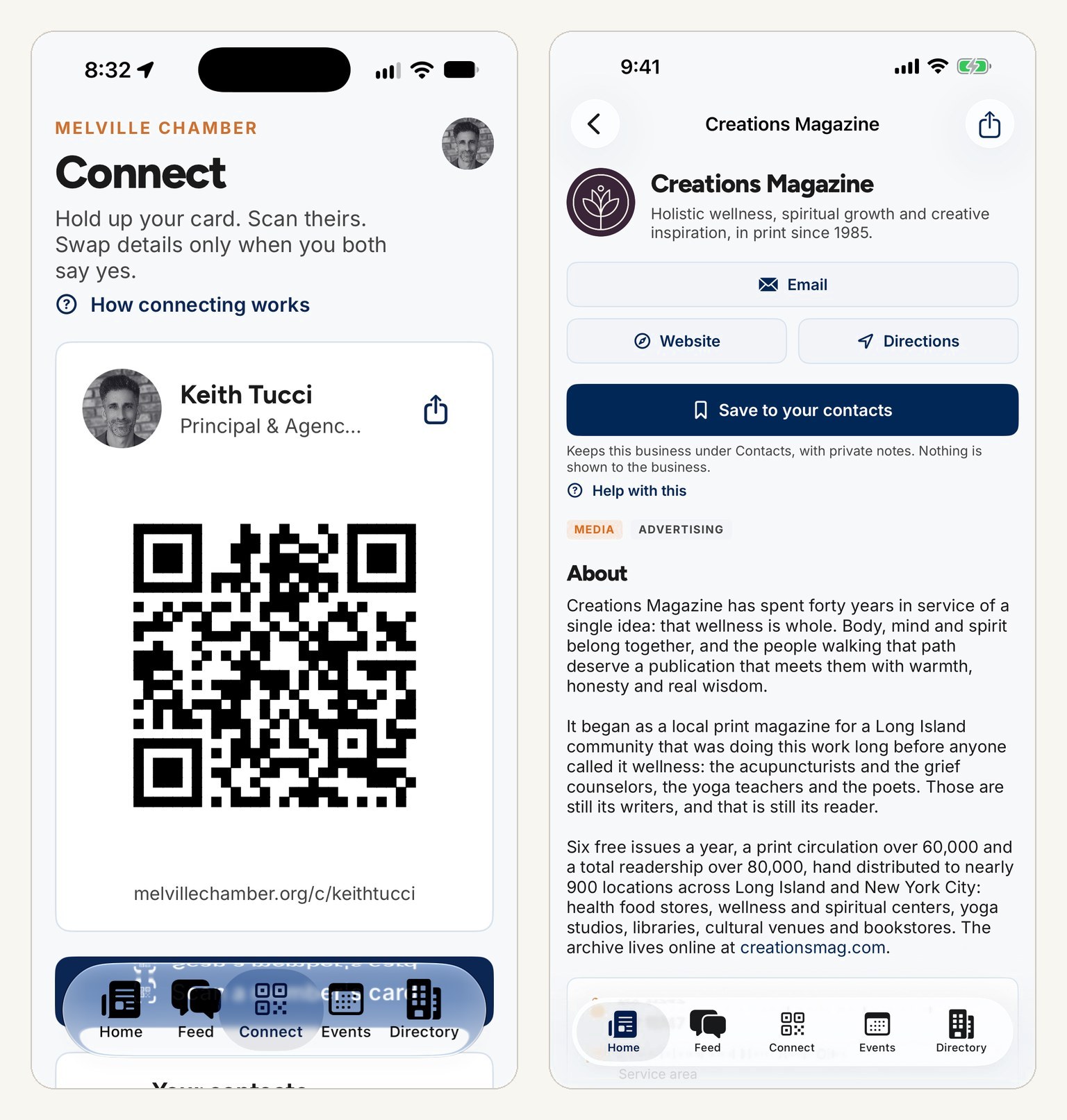 Two iPhone screens: the Connect tab showing Keith Tucci's card and QR code above a Scan a member's card button, and a member listing with Save to your contacts.