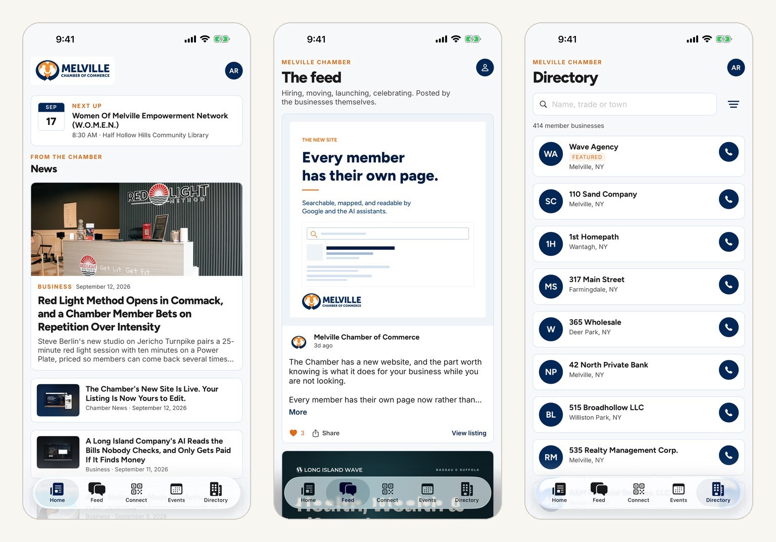 Three iPhone screens: the app home with the next event and Chamber news, the member feed, and the searchable member directory.
