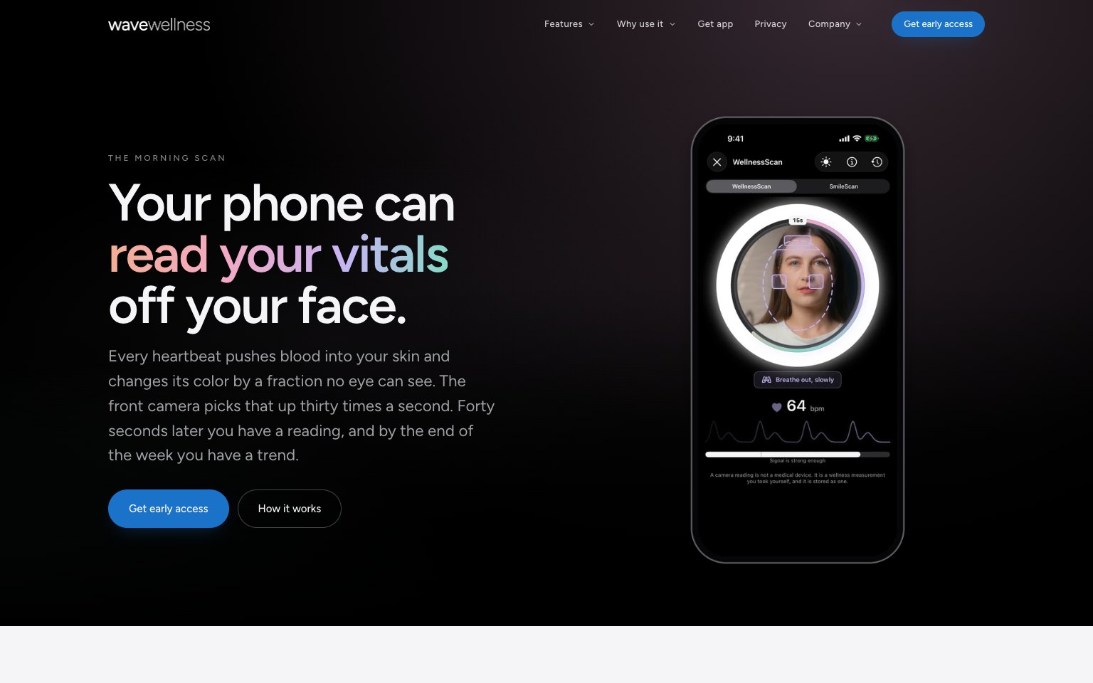 The WellnessScan page, headlined Your phone can read your vitals off your face, with the scan screen reading 64 bpm.