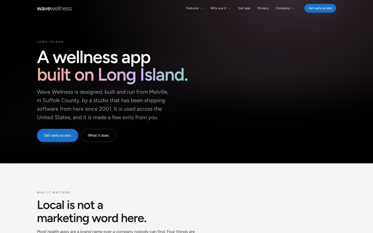 The Long Island page, headlined A wellness app built on Long Island.