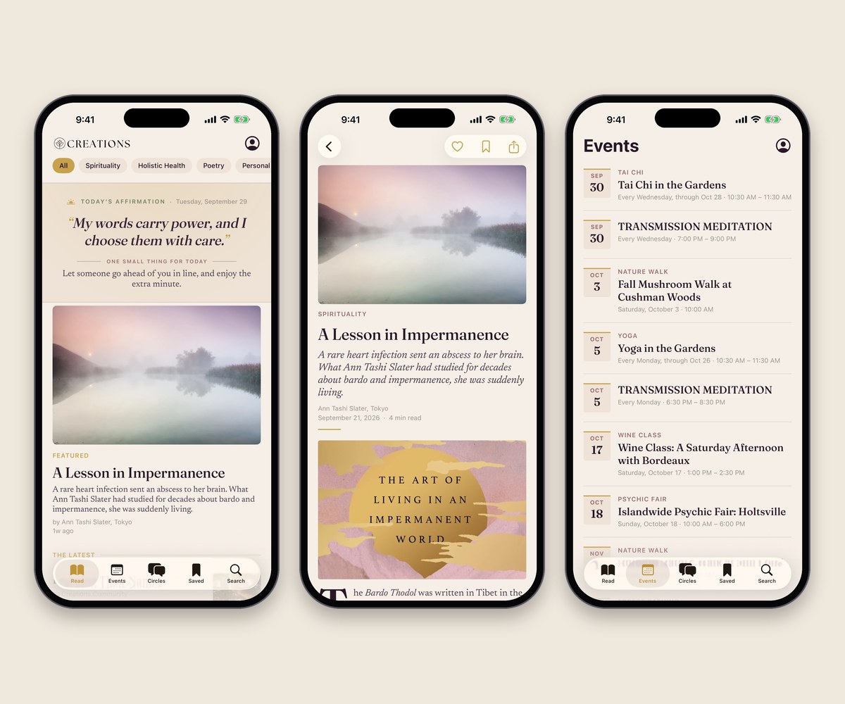 Three Creations Magazine app screens in light mode: the day's affirmation over the featured piece, a piece open to read, and the events calendar.