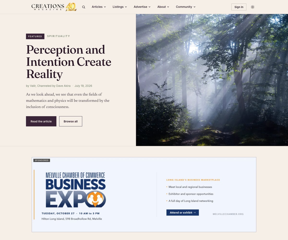 The Creations Magazine home page, with a featured spirituality story and a sponsored banner served by the Wave ad network.
