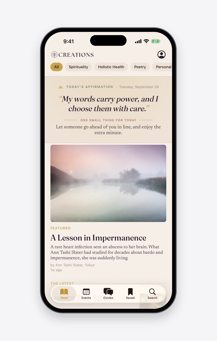 The Creations Magazine app in light mode: the day’s affirmation above the featured story.