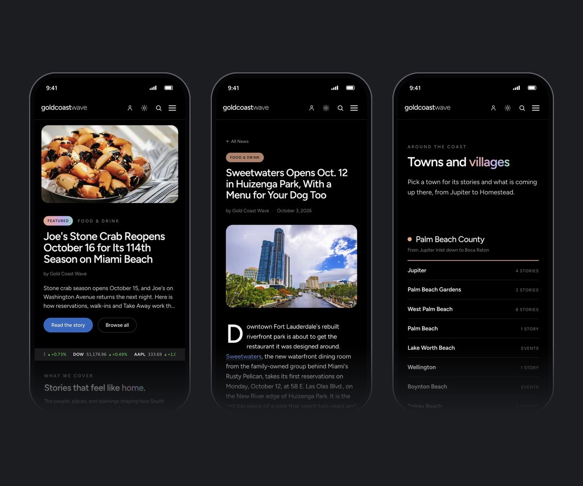 Three iPhones open to goldcoastwave.com in dark mode: the front page led by Joe's Stone Crab, a story open to read, and the towns of Palm Beach County.