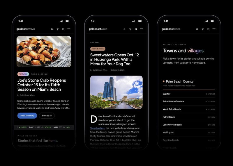 Three iPhones open to goldcoastwave.com in dark mode: the front page led by Joe's Stone Crab, a story about Sweetwaters in Huizenga Park, and the towns of Palm Beach County.