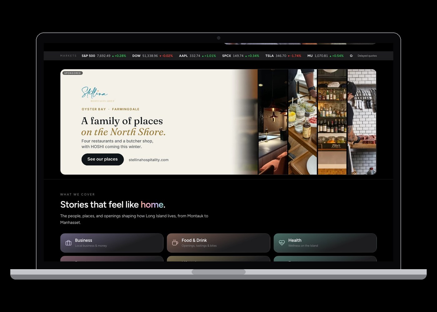 Long Island Wave's home page on a laptop with a Sponsored banner for Stellina Hospitality Group under the lead story.