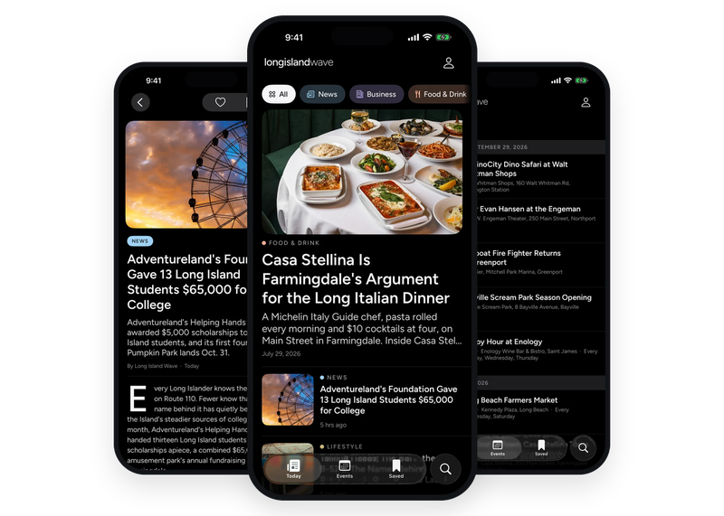 Three iPhones running the Long Island Wave app: the Today front page in front, with an open story and the Events calendar behind it.