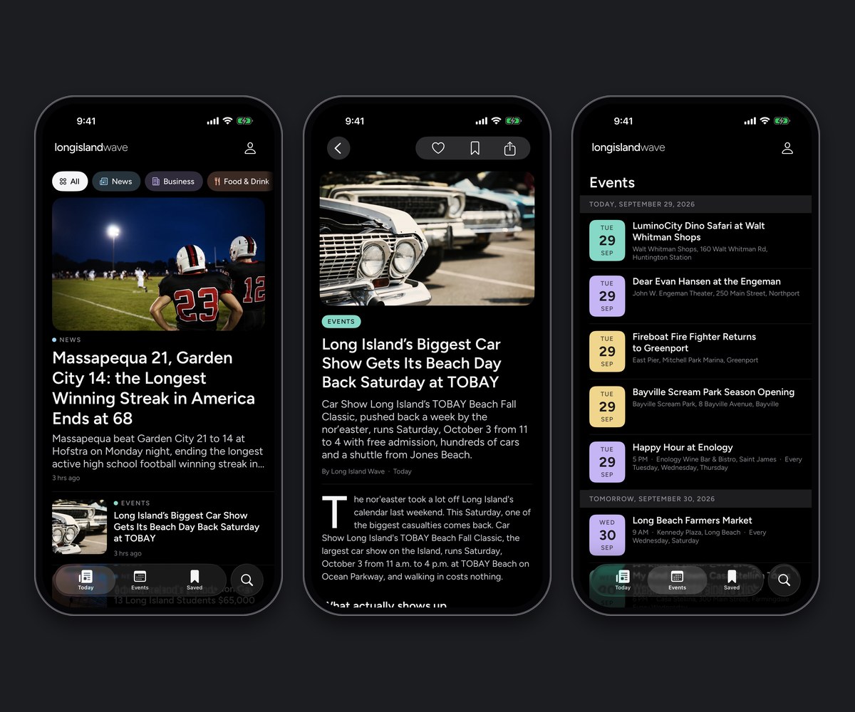 Three Long Island Wave app screens in dark mode: the Today feed with section filters, a story open to read, and the events calendar.