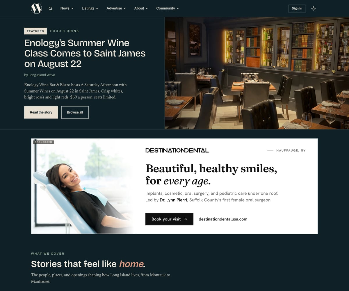 The Long Island Wave home page, with a featured food and drink story and a sponsored banner served by the Wave ad network.