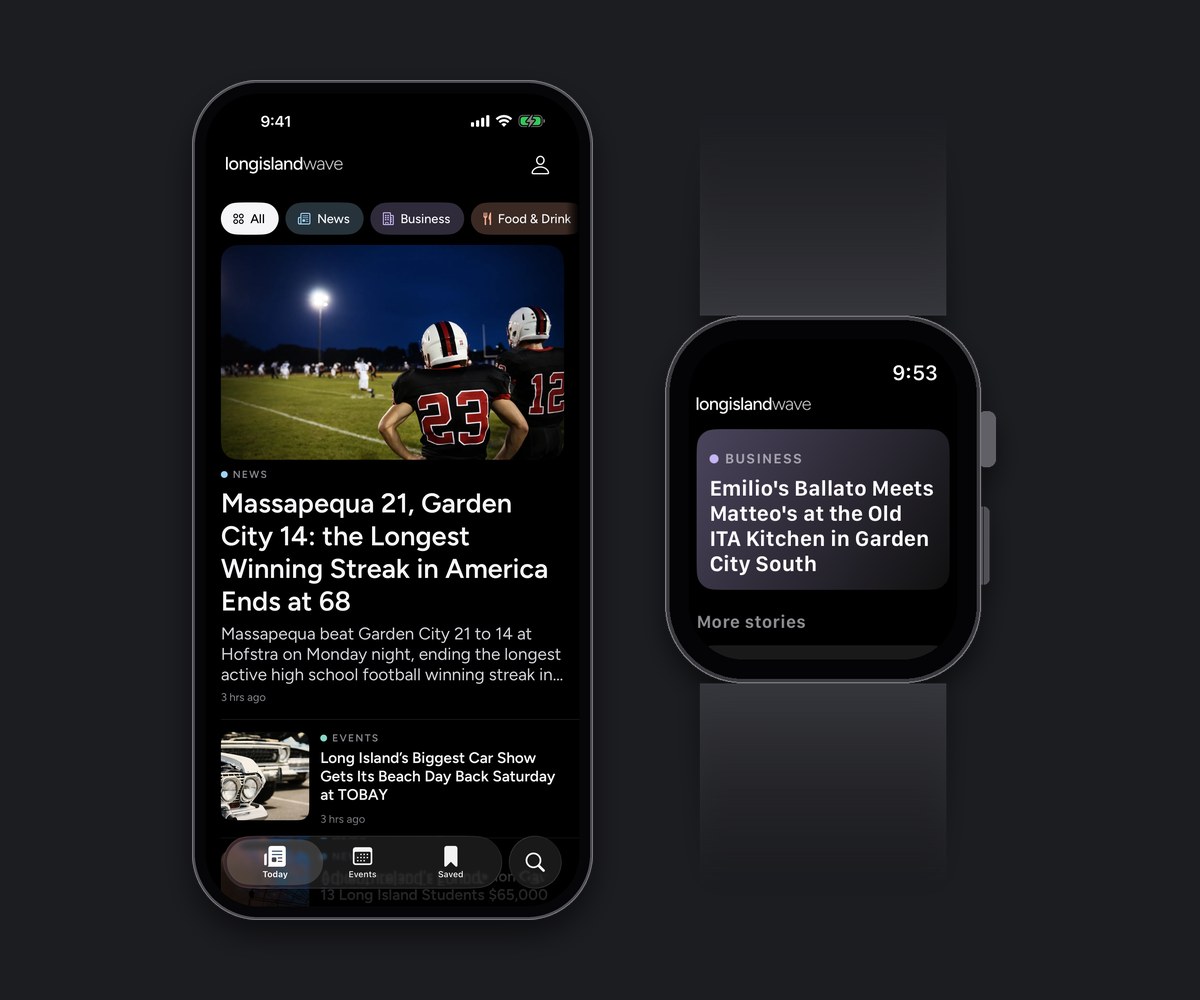 The Long Island Wave app on an iPhone beside the new Apple Watch app, which opens on the featured story.