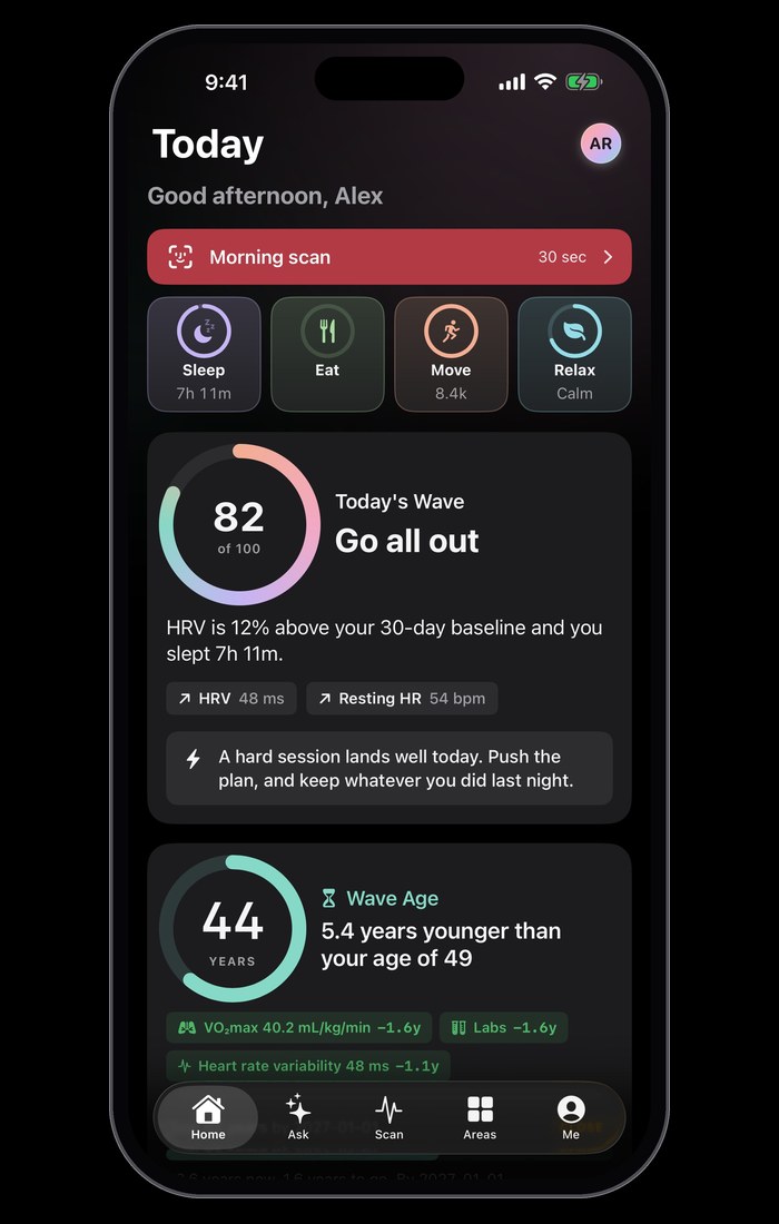 The Wave Wellness app in dark mode on its Today screen: the daily Wave score of 82 and Wave Age of 44.