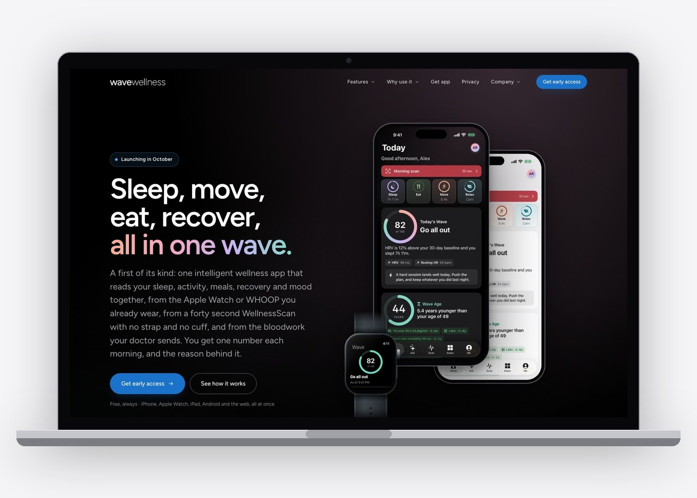 The Wave Wellness home page on a laptop, with the app on an iPhone and an Apple Watch.